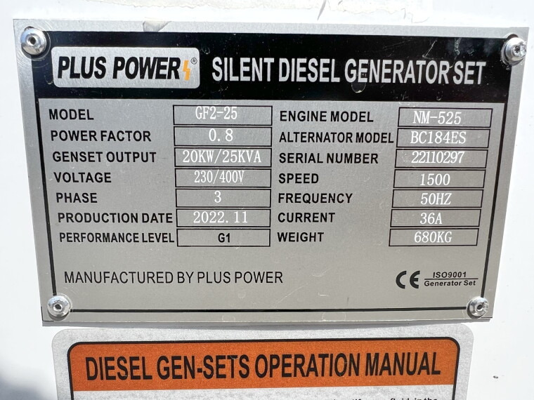 Plus Power GF2-25 - 25 KVA Generator | Boss Machinery